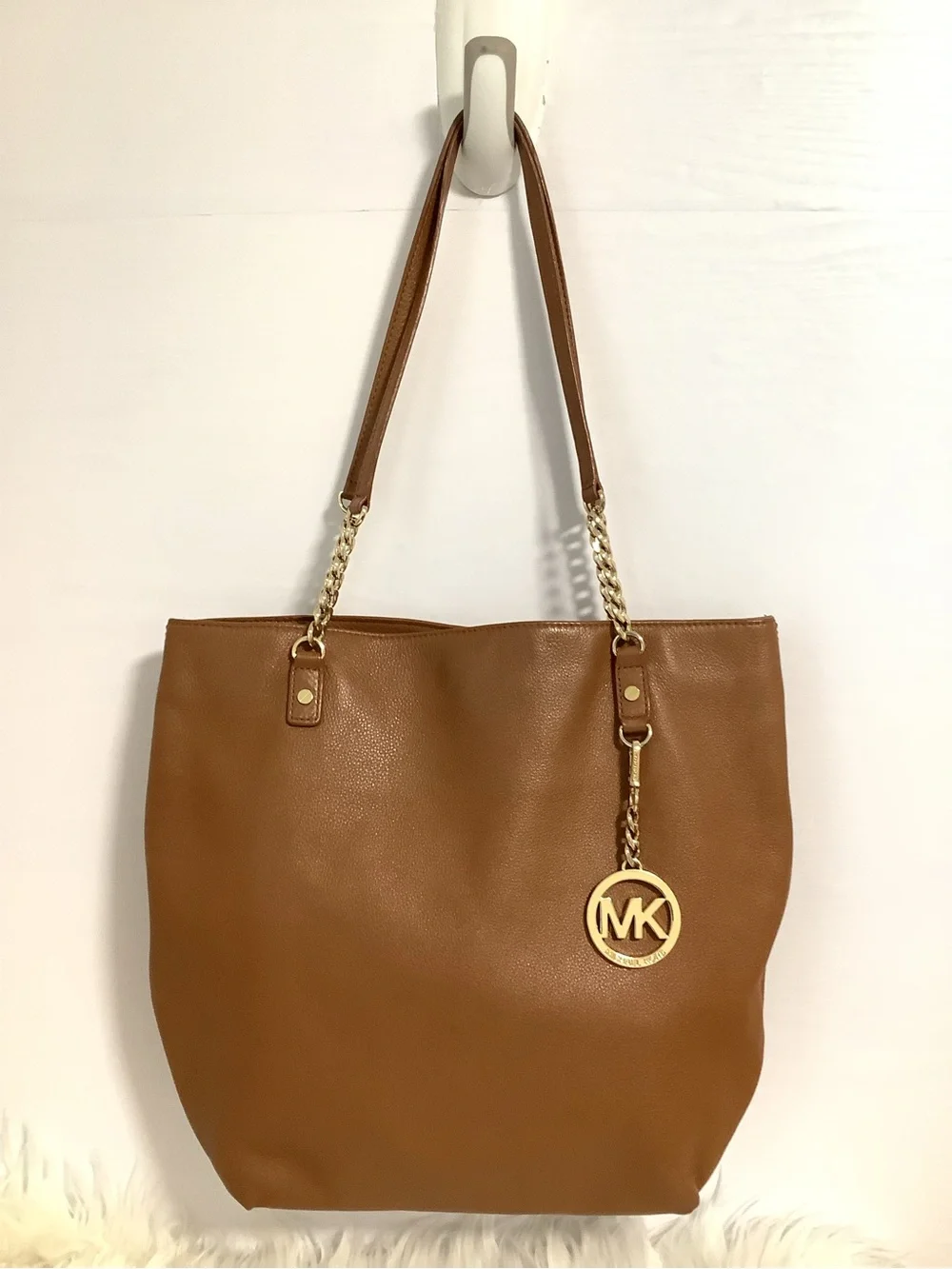 Michael Kors Brown Leather Tote with Gold MK Charm